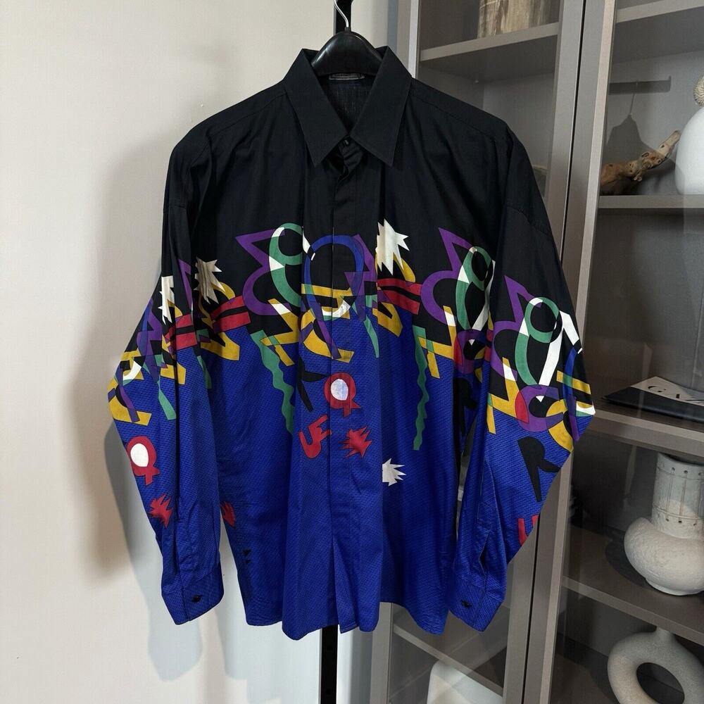 Gianni Versace Black Blue Multicolor Geometric Art To Wear Button Shirt 50 XXL